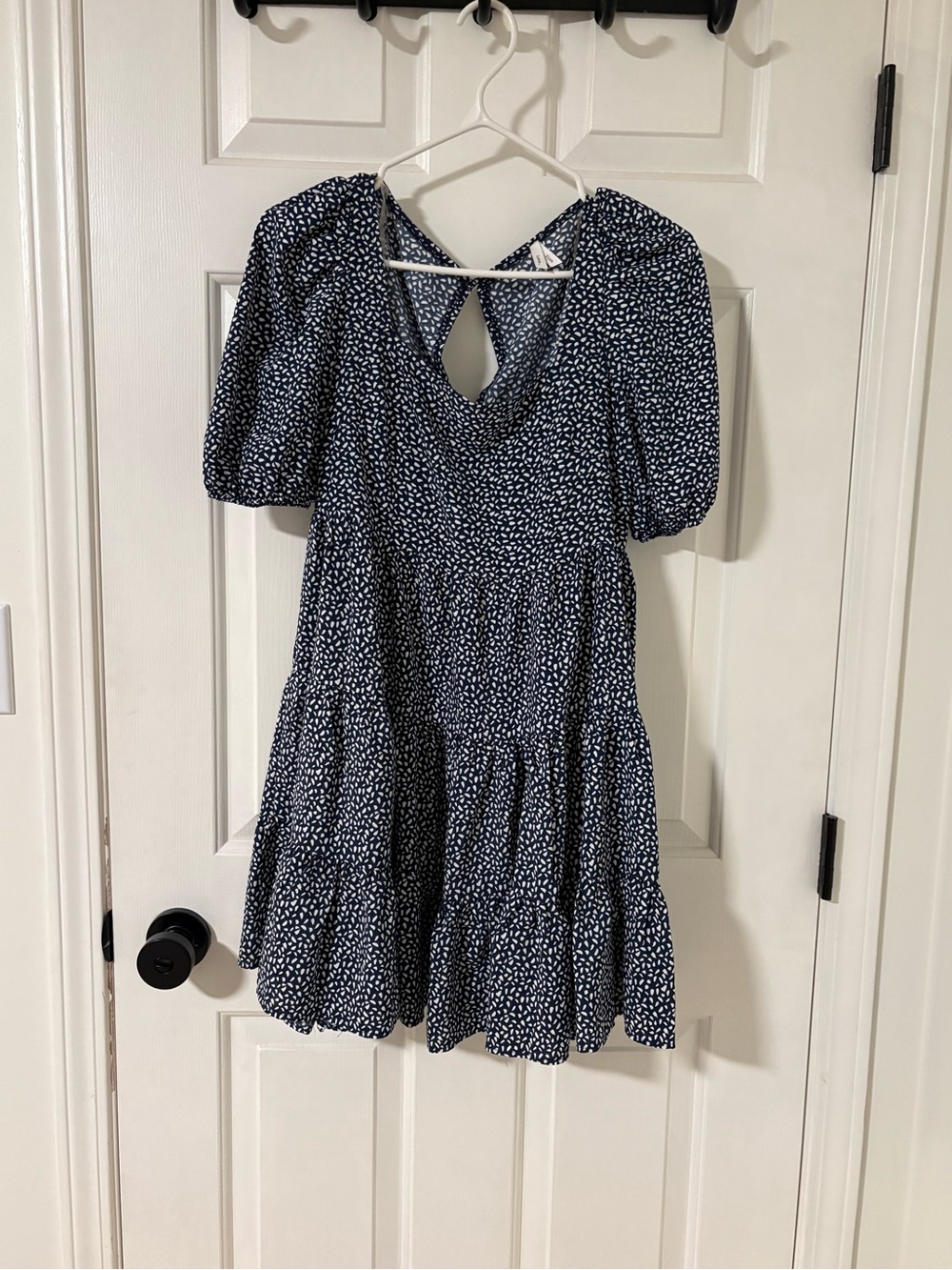 Navy Puff-Sleeve Tiered Dress with Back Keyhole